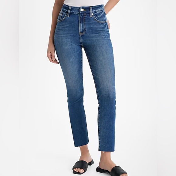 Express Cropped Flare Jeans Womens XL (18-20) High Rise Dark Wash Raw Hem FlexX‎ - Picture 1 of 11